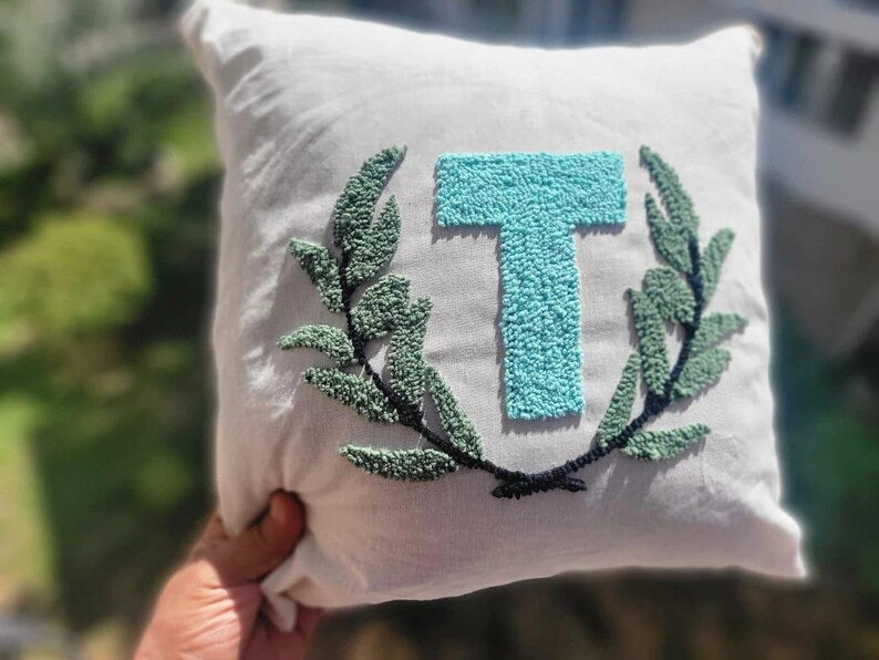 homeartparis Monogram Initial Punch Needle Pillow Cover, Custom Letter & Color, Linen Cushion Case, Personalized Gift