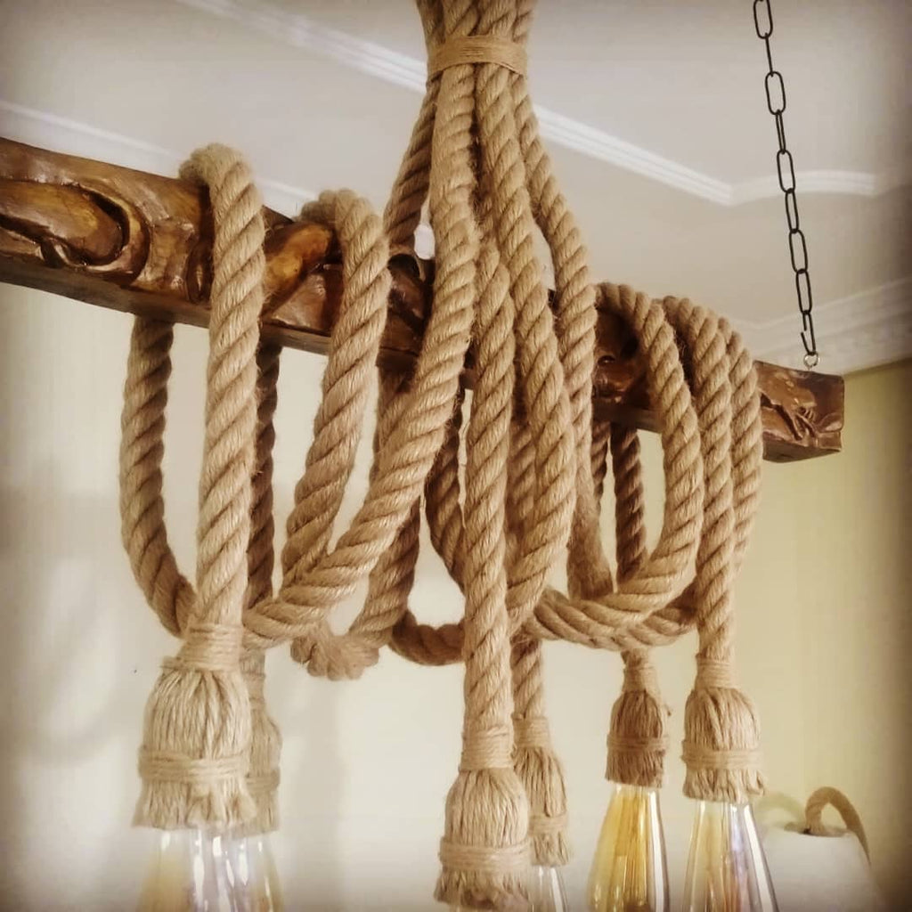 Hand Carved Mythological Snake Wood Chandelier with Jute Rope Vintage Beam Lighting Homeartparis production