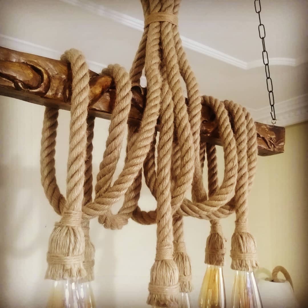 Hand Carved Mythological Snake Wood Chandelier with Jute Rope Vintage Beam Lighting Homeartparis production