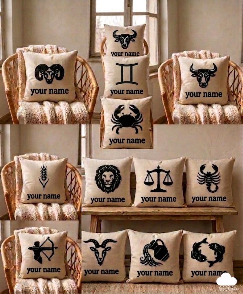 Zodiac Sign Punch Needle Pillow Case – Custom Name Linen Cushion Cover – Unique Astrology Gift