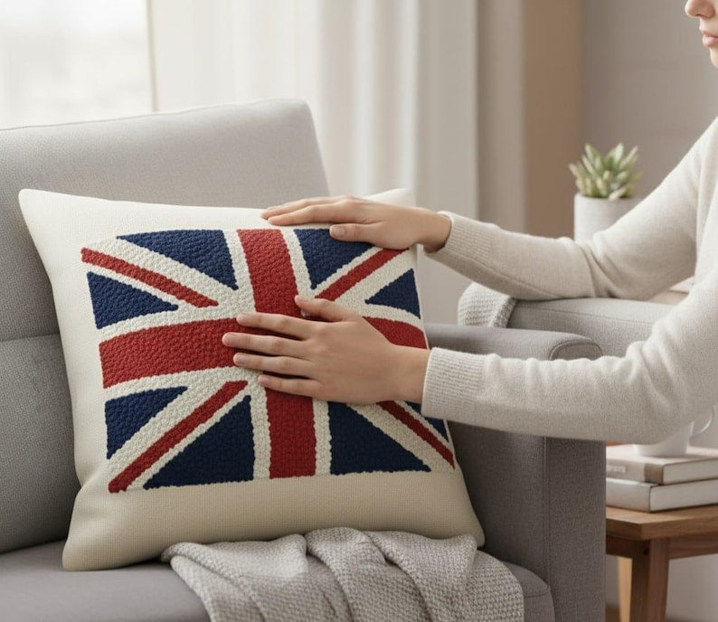 Homeartparis Punch Needle UK Flag Pillow - Handmade Union Jack Tufted Cushion by Seval Özsoy - Patriotic British Decor - Available as Cover Only or with Filling