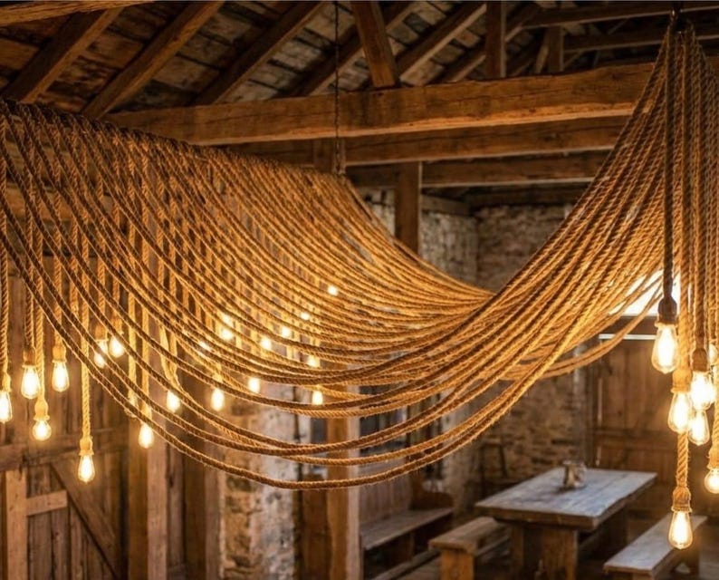 Large MEGA Set 4 Meter Custom Length Hemp Rope Pendant Light Industrial Chandelier Homeartparis production