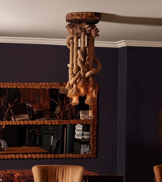 Rustic Root Wood Slice Chandelier with 7 Braided Flexible Jute Rope Pendants Homeartparis production