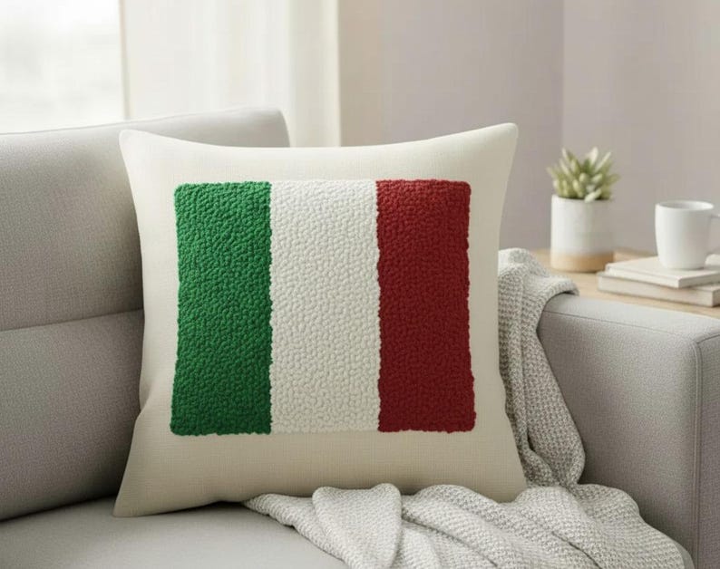 Homeartparis Italian Flag Punch Needle Pillow - Handmade Italy Linen Cushion by Seval Özsoy - Textured Travel Souvenir Gift - Available as Cover or with Insert