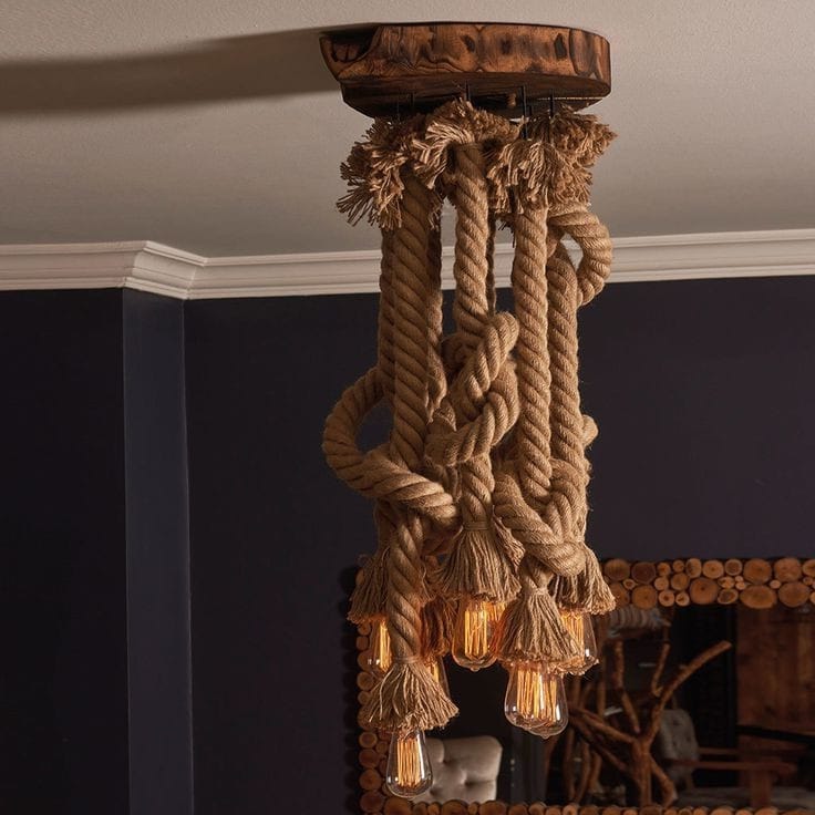 Rustic Root Wood Slice Chandelier with 7 Braided Flexible Jute Rope Pendants Homeartparis production