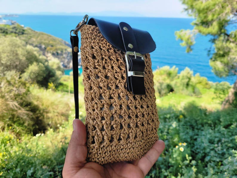 Homeartparis Woven Straw Crossbody Bag - Handmade Summer Mini Bag by Seval Özsoy - Natural Straw Purse with Black Leather Flap - Unique Gift for Her