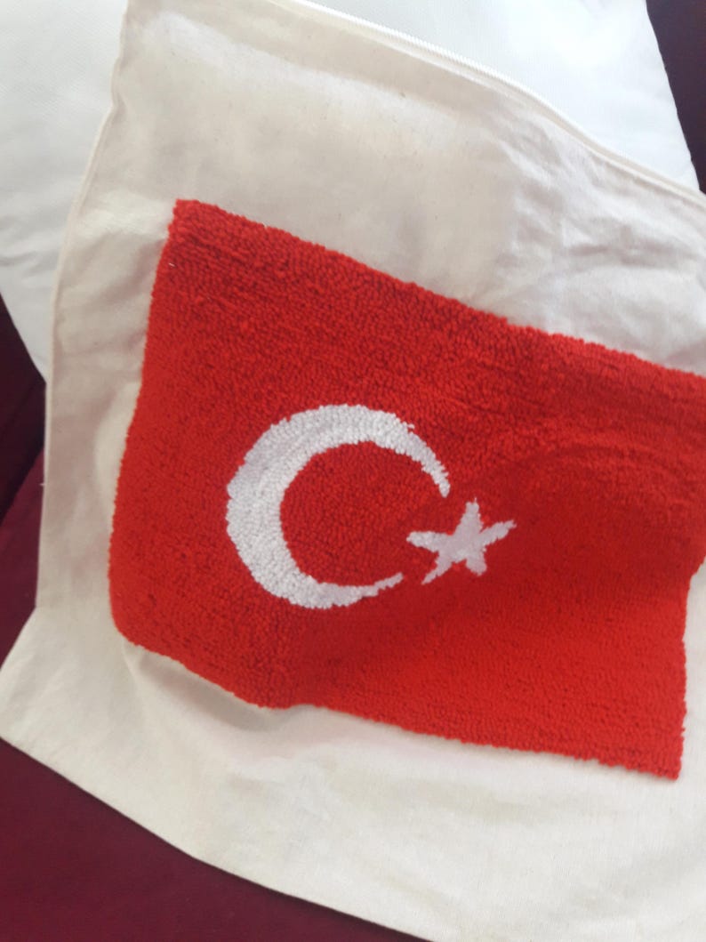 homeartparis Turkish Flag Punch Needle Pillow Cover, Turkey Linen Cushion Case, Travel Souvenir Gift, Textured Home Decor 16x16
