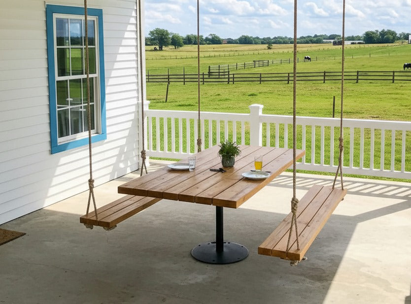 Homeartparis Handcrafted Industrial Solid Wood Dining Table with Swing Benches