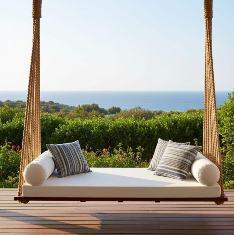 Modern Wooden Swing bed| Minimalist Porch Swing sofa | Handmade Hanging Sofa | Boho Garden Daybed | Cushioned Wood Swing sofabed