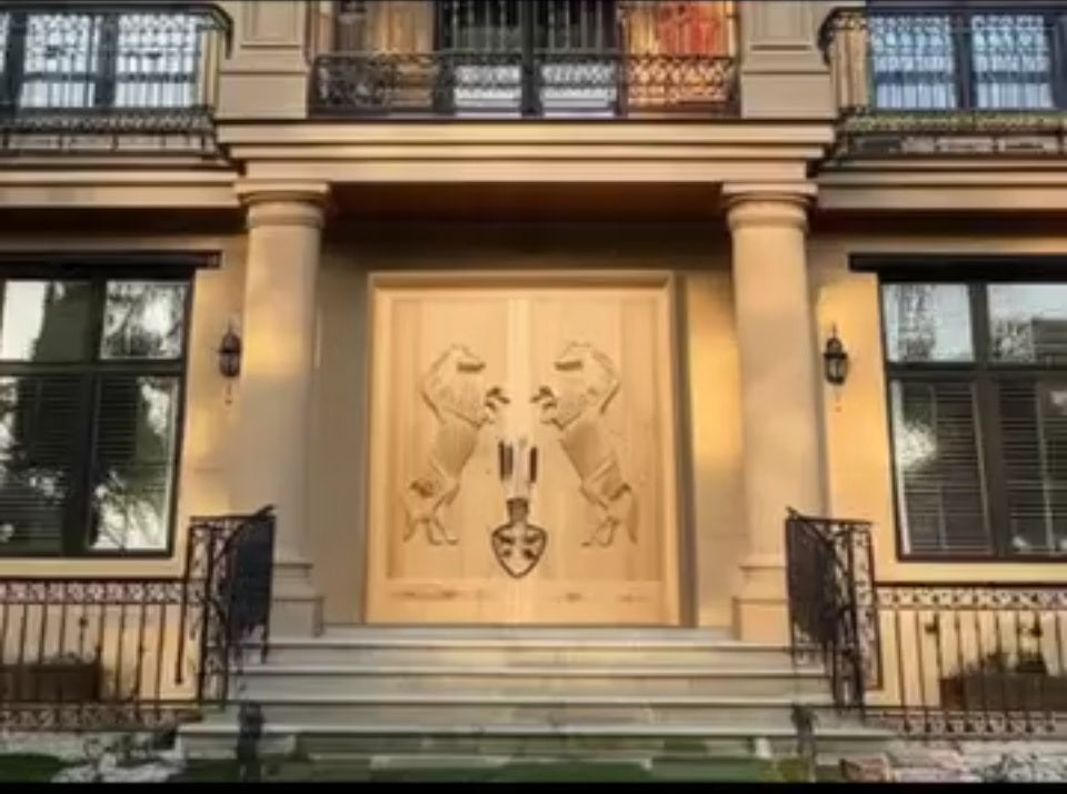 Vitage Wooden Garden Gate, Medieval Hand-Carved Chestnut Wood Double Doors with Rearing Horse Reliefs - Custom Size and Logo Options Homeartparis production