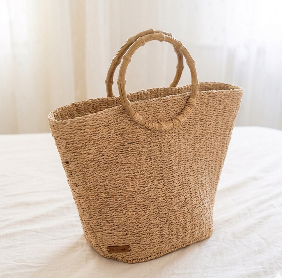 The Homeartparis Oversized Straw Tote Bag - Handmade Raffia Beach Bag by Seval Özsoy - Large Summer Vacation Bag with Bamboo-Look Handles - Chic Bohemian Gifts
