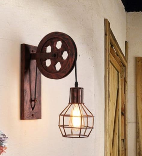 Vintage Cage Wall Sconce, Rustic Pulley Lamp, Wood & Rope Wall Light Fixture, Bar - Man Cave Decor