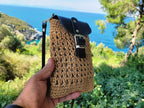 Homeartparis Woven Straw Crossbody Bag - Handmade Summer Mini Bag by Seval Özsoy - Natural Straw Purse with Black Leather Flap - Unique Gift for Her