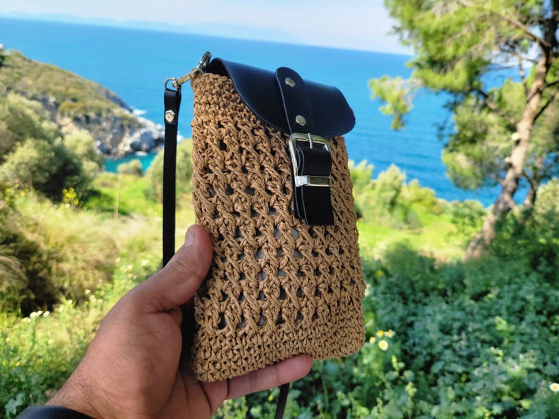 Homeartparis Woven Straw Crossbody Bag - Handmade Summer Mini Bag by Seval Özsoy - Natural Straw Purse with Black Leather Flap - Unique Gift for Her