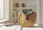 The Homeartparis Round Macaron Straw Bag - Handmade Bohemian Crossbody Purse by Seval Özsoy - Authentic Woven Circle Bag - Unique Artisan Gift