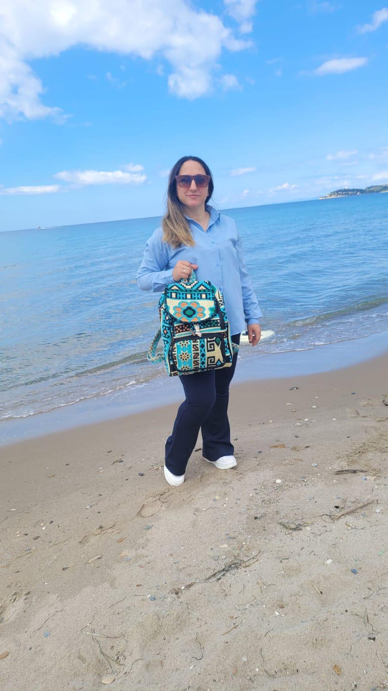 Ethnic Boho Backpack - Handwoven Authentic Kilim Pattern Travel Bag by Seval Özsoy - Unique Bohemian Rucksack - Artisan Kilim Accessory