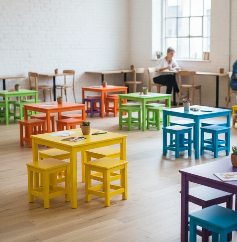 Vibrant Commercial Cafe Table Set, 4 Stools and 1 Table, Patio and Terrace Furniture, Customizable Wood, Suitable for Indoor/Outdoor Use> by homeartparis