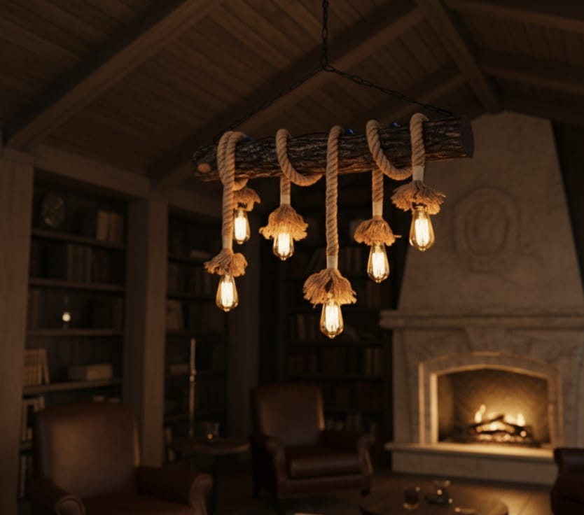 6-Light Natural Oak Branch and Rope Rustic Chandelier - Organic Homeartparis Design