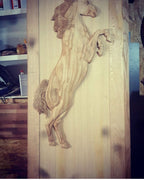 Vitage Wooden Garden Gate, Medieval Hand-Carved Chestnut Wood Double Doors with Rearing Horse Reliefs - Custom Size and Logo Options Homeartparis production
