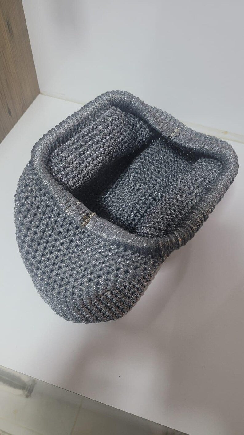 The Homeartparis Sparkly Grey Crochet Clutch - Handmade Silver Glitter Evening Bag by Seval Özsoy - Luxury Party Purse with Metal Frame - Elegant Occasion Gift