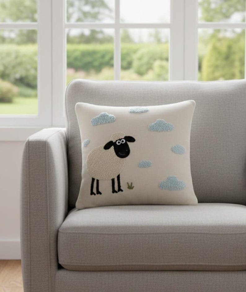 homeartparis Punch Needle Sheep Pillow, Cloud Nursery Decor, Handmade Kids Room Cushion, 40x40 Linen Baby Pillow, Cute Animal Figure Pillow