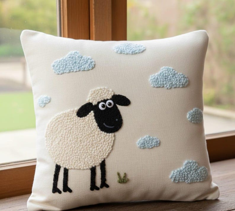 homeartparis Punch Needle Sheep Pillow, Cloud Nursery Decor, Handmade Kids Room Cushion, 40x40 Linen Baby Pillow, Cute Animal Figure Pillow