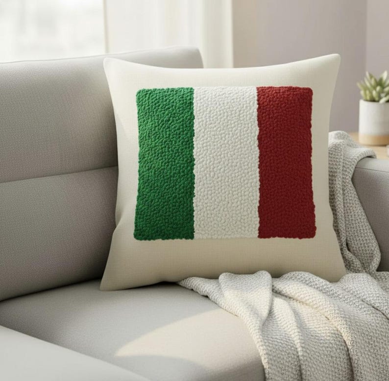 Homeartparis Italian Flag Punch Needle Pillow - Handmade Italy Linen Cushion by Seval Özsoy - Textured Travel Souvenir Gift - Available as Cover or with Insert