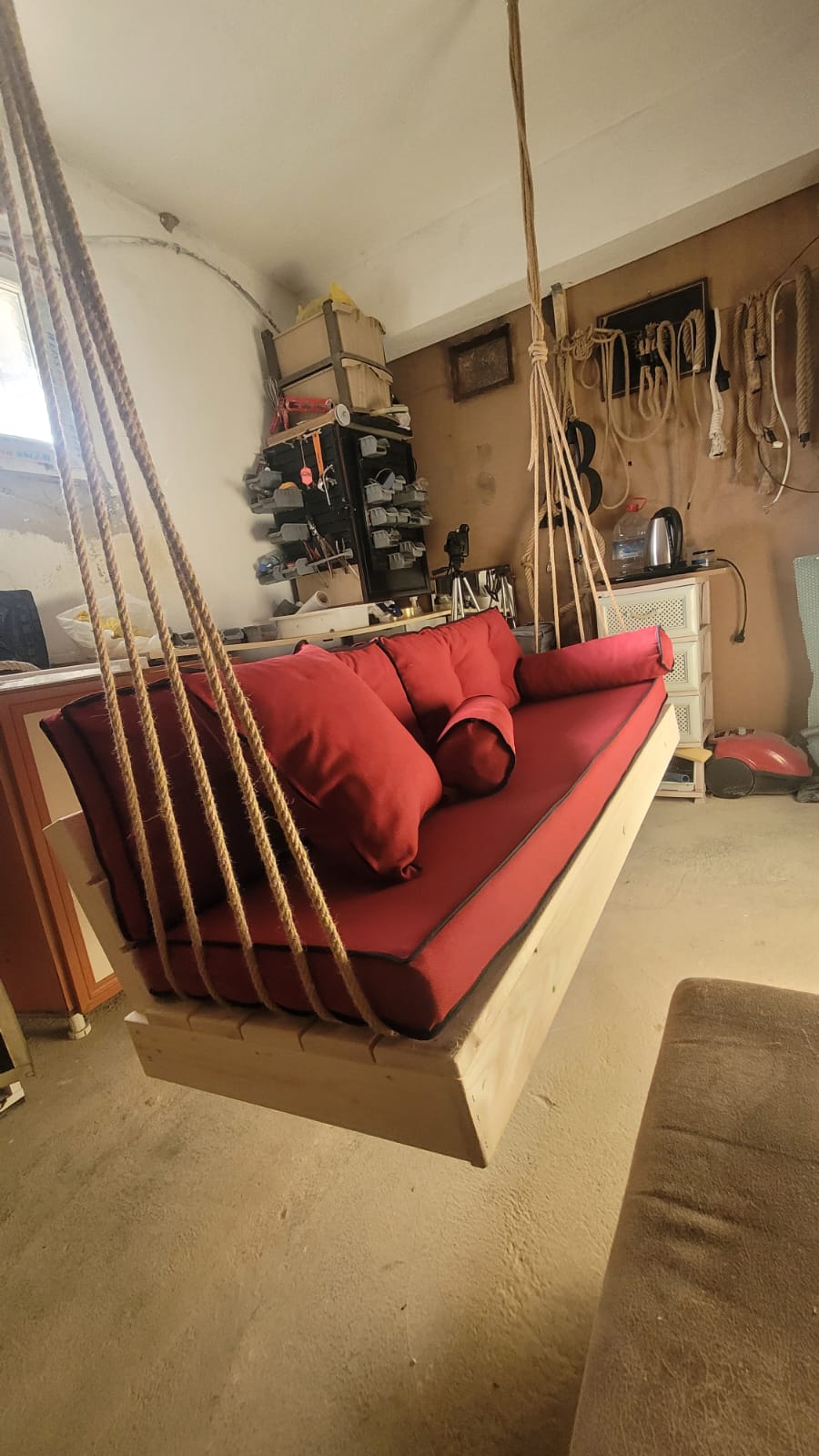 Red Wood Hanging Sofa Minimalist Indoor Couch Homeartparis production, swing bed