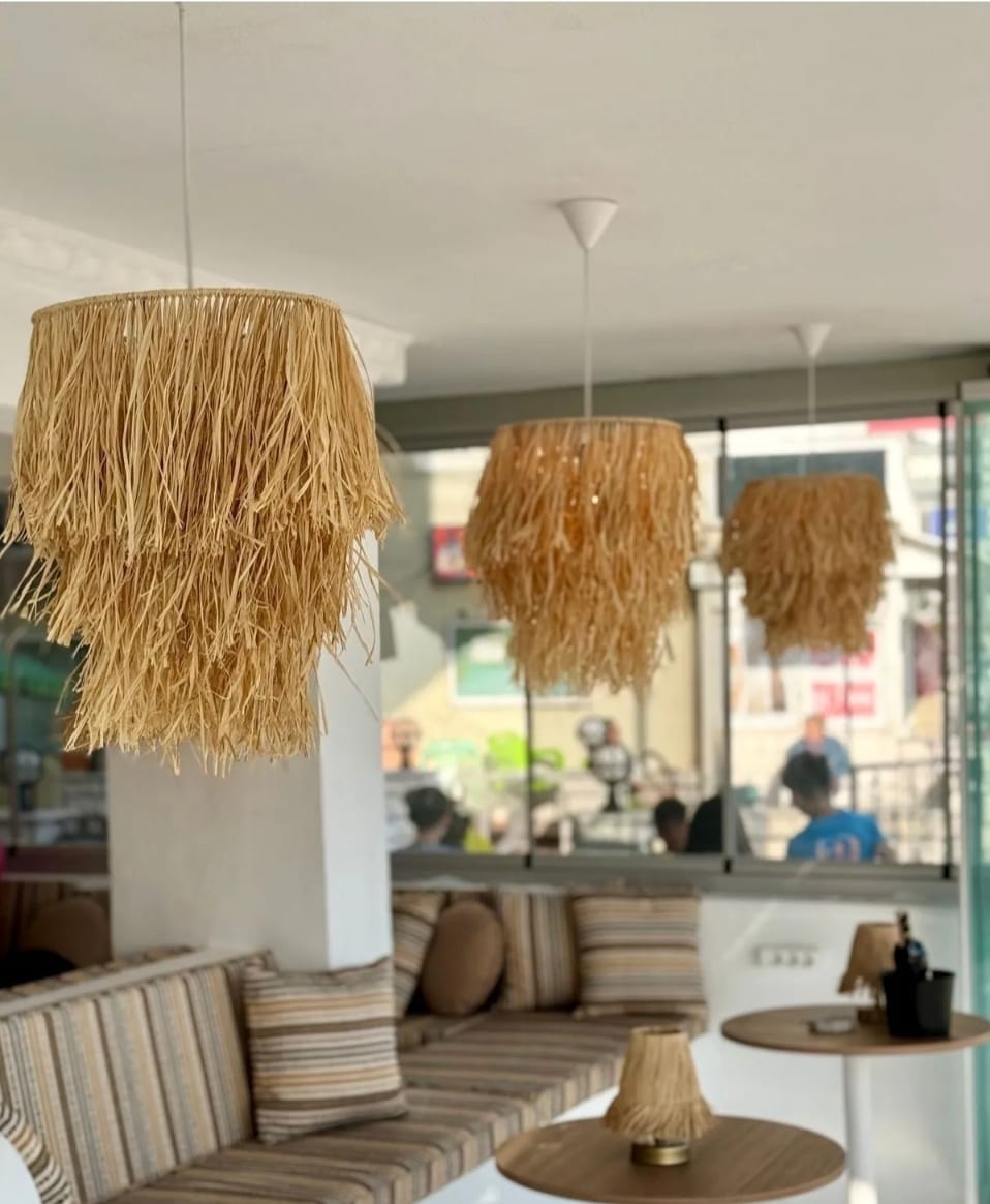 Bohemian Tiered Raffia Pendant Light - Handcrafted Exotic Tassel Chandelier for Coastal Patios & Rustic Interiors