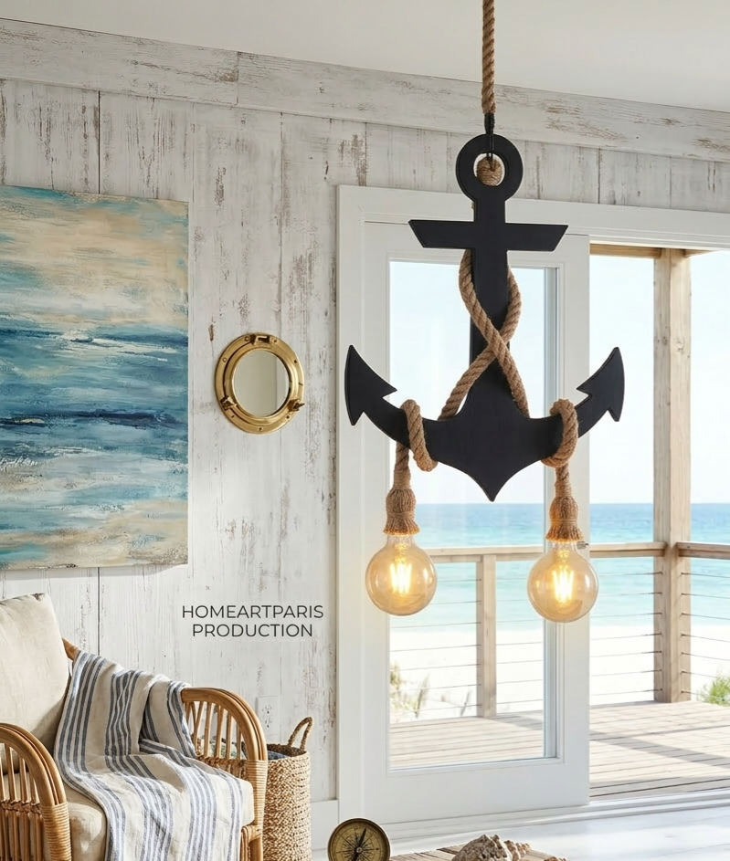 Handcrafted Wooden Anchor Pendant Light - Nautical Dual-Rope Chandelier with Adjustable Hanging Height