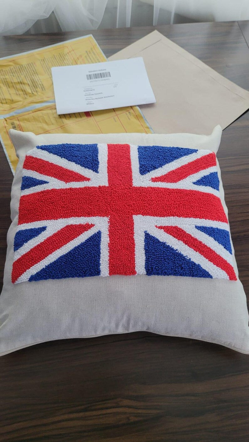 Homeartparis Punch Needle UK Flag Pillow - Handmade Union Jack Tufted Cushion by Seval Özsoy - Patriotic British Decor - Available as Cover Only or with Filling