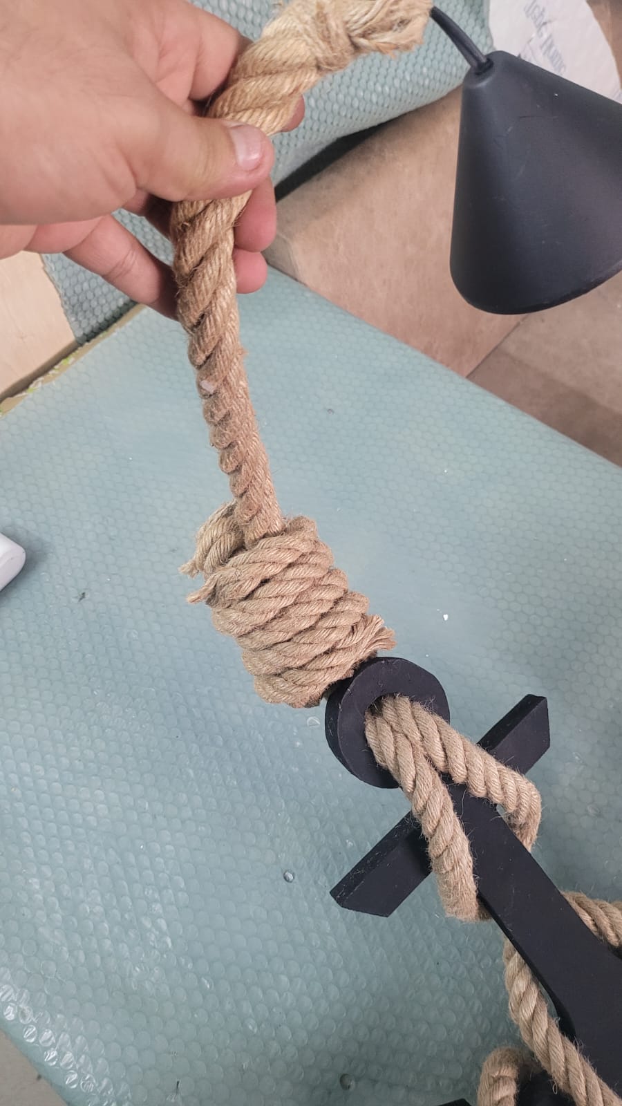 Handcrafted Wooden Anchor Pendant Light - Nautical Dual-Rope Chandelier with Adjustable Hanging Height