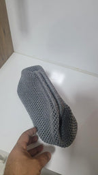 The Homeartparis Sparkly Grey Crochet Clutch - Handmade Silver Glitter Evening Bag by Seval Özsoy - Luxury Party Purse with Metal Frame - Elegant Occasion Gift
