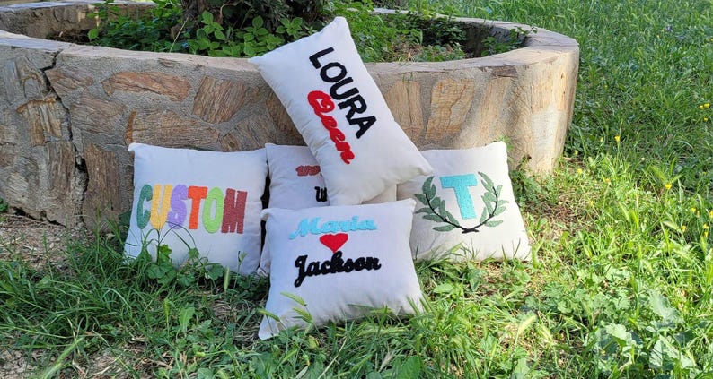 Homeartparis Custom Punch Needle Name Pillow - Personalized Monogram Initial Cushion by Seval Özsoy - Unique Linen Decor Gift - Available as Cover or with Insert