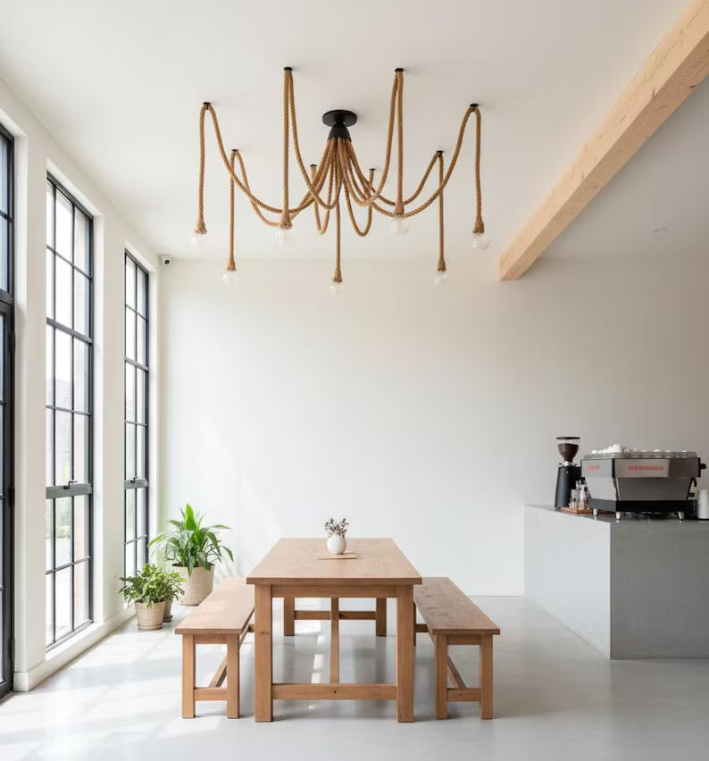 Spider Rope Chandelier, 10 ARM 130CM Made to Order Lighting, Personalized Rustic Pendant, Handmade Jute Lamp, Unique Farmhouse Kitchen Light