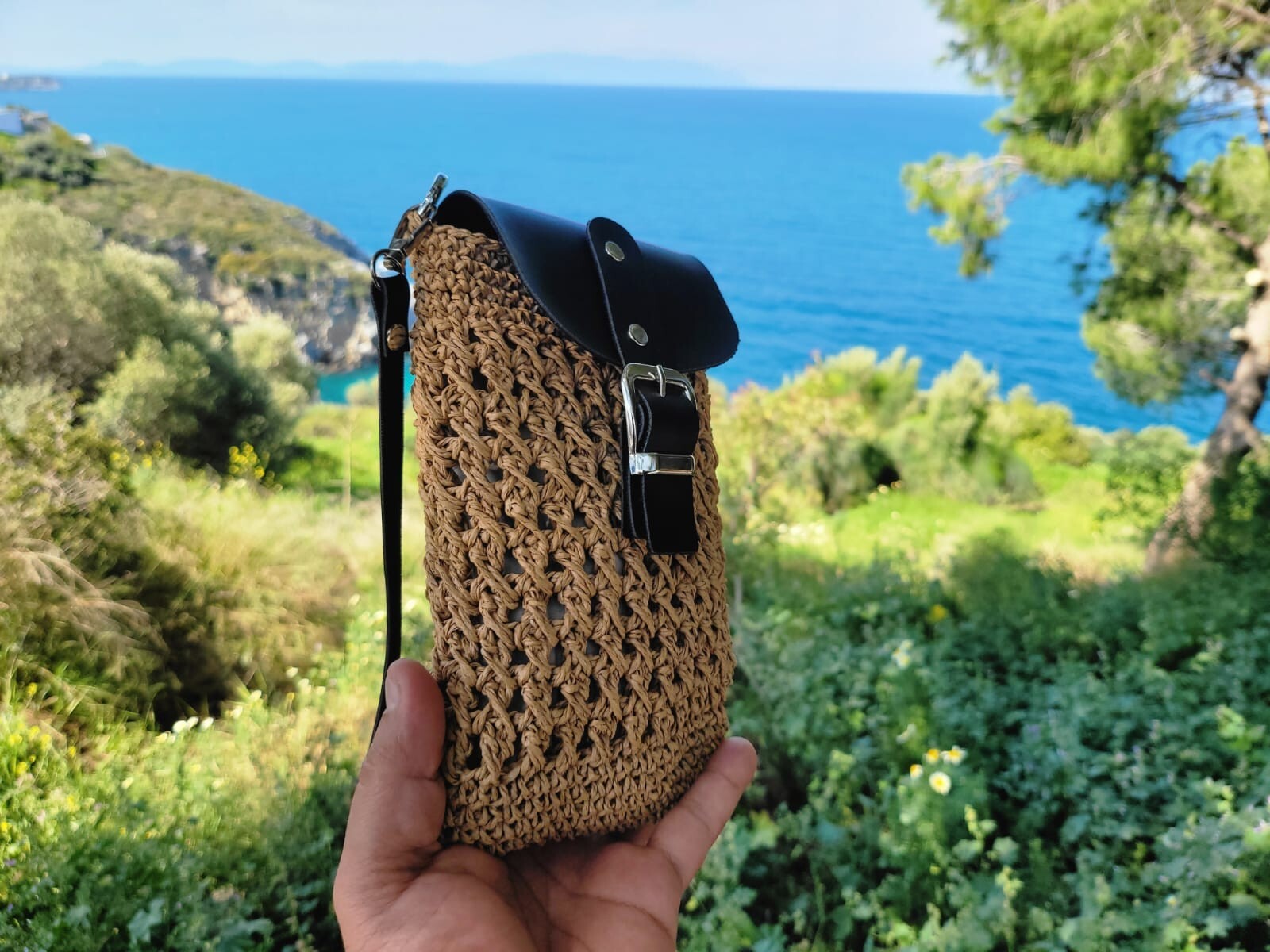 Natural Straw Crossbody Bag - Handmade Authentic Mini Bag by Seval Özsoy - Woven Shoulder Purse with Black Leather Flap - Elegant Boho Accessory