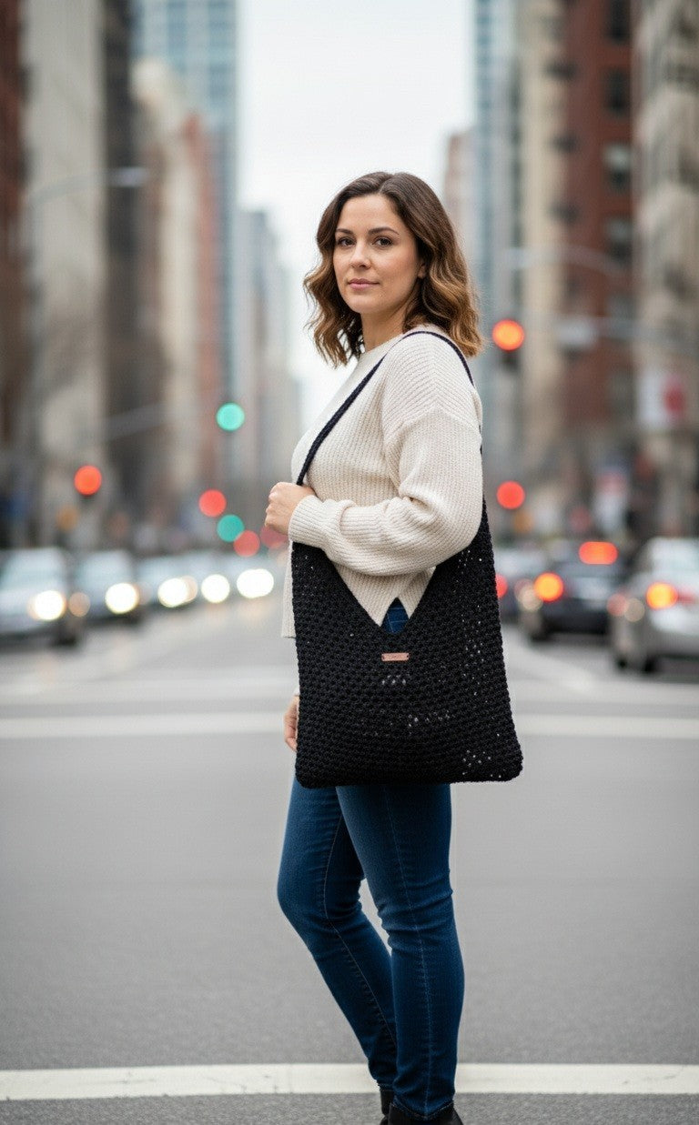 Home art paris Elegant Black Crochet Evening Bag - Designer Hand-Knitted Shoulder Bag by Seval Özsoy - Unique Formal Crossbody Purse with Vegan Leaher Strap