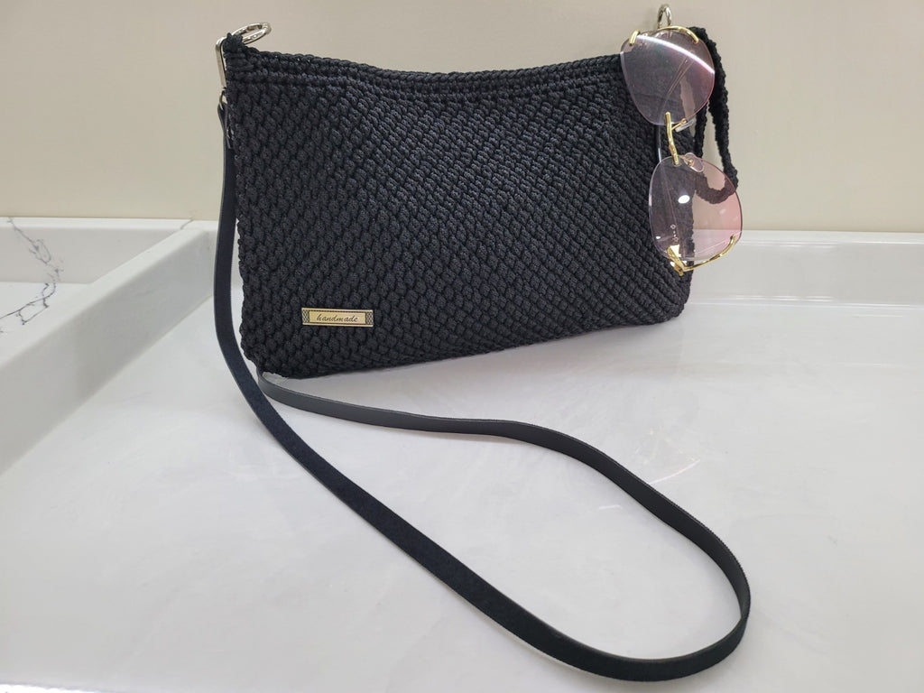 The Elegant Black Crochet Handbag - Handmade Evening Shoulder Bag by Seval Özsoy - Luxury Hand-Knitted Crossbody - Versatile Party Purse