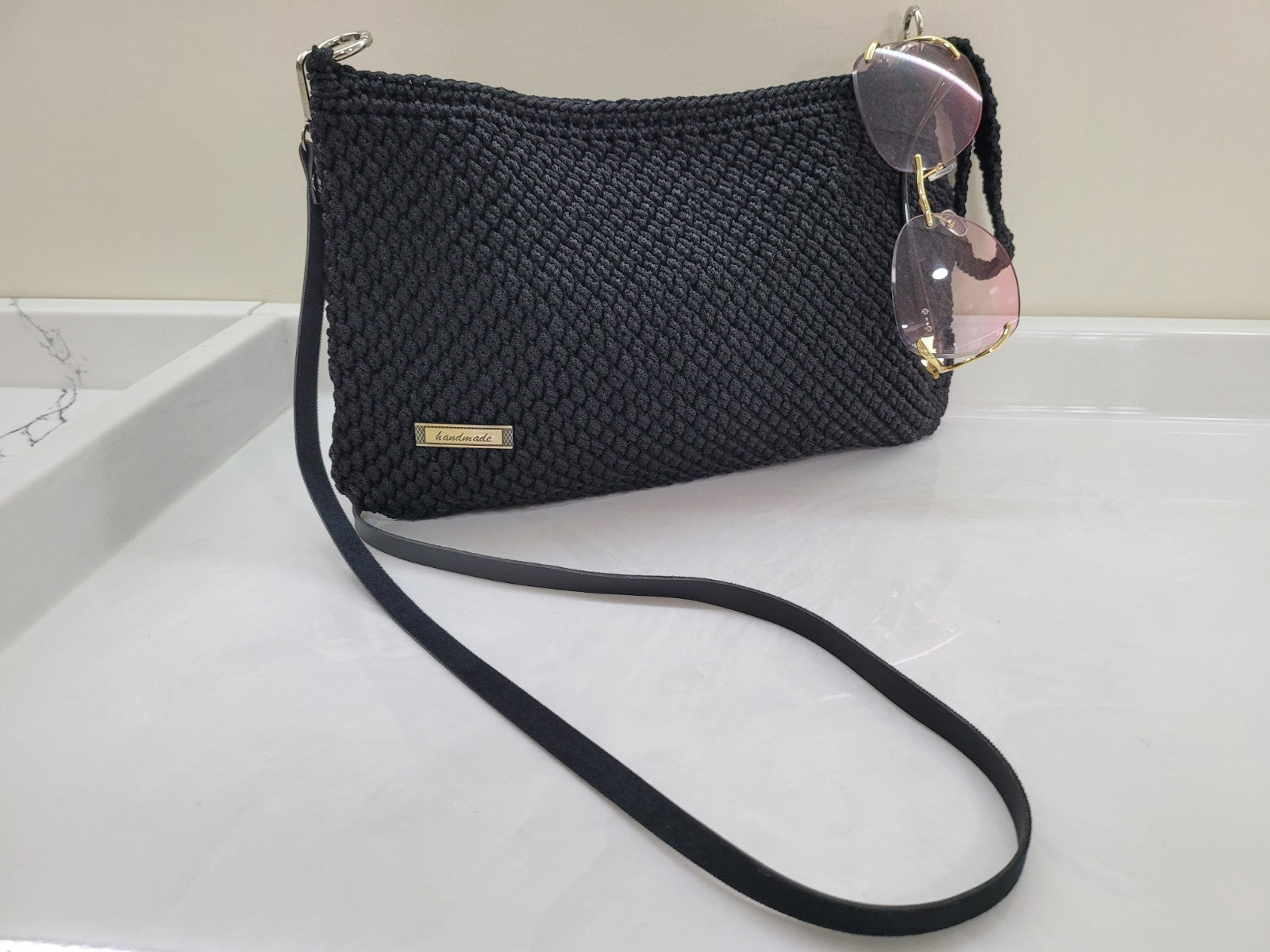 The Elegant Black Crochet Handbag - Handmade Evening Shoulder Bag by Seval Özsoy - Luxury Hand-Knitted Crossbody - Versatile Party Purse