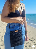 Black Crochet Mini Shoulder Bag - Bohemian Knit Crossbody Purse with Vegan Leather Accents - Unique Artisan Gift for Daily Use