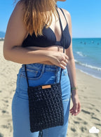 Black Crochet Mini Shoulder Bag - Bohemian Knit Crossbody Purse with Vegan Leather Accents - Unique Artisan Gift for Daily Use