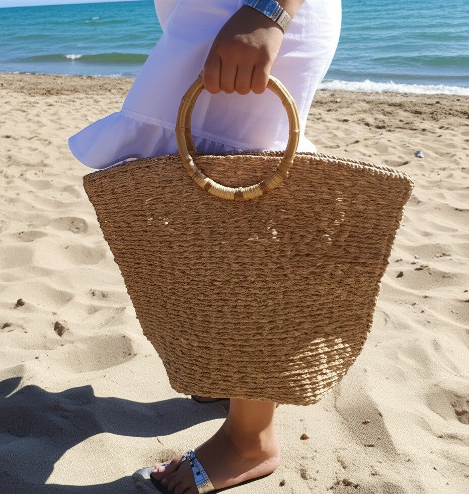 Large Straw Tote Bag - Boho Woven Handbag with Bamboo Style Handles - Oversized All-Season Natural Shoulder Bag - Handmade in Turkey)