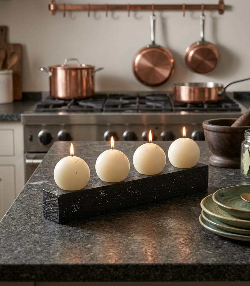Decorative 4 Ball Candle Set with Black Wooden Base - Homeartparis production