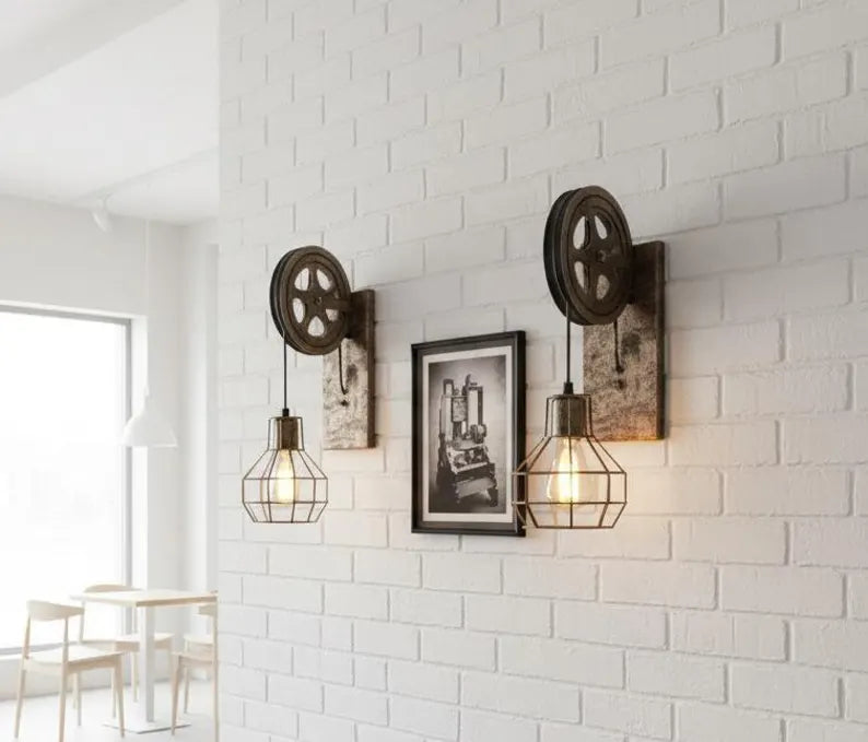 homeartparis - vintage Industrial Pulley Wall Sconce, Rustic Wood Farmhouse Cage Light, Choose Color, Cafe Bar Restaurant Lighting