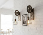 homeartparis - vintage Industrial Pulley Wall Sconce, Rustic Wood Farmhouse Cage Light, Choose Color, Cafe Bar Restaurant Lighting