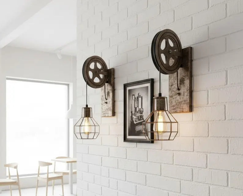 homeartparis - vintage Industrial Pulley Wall Sconce, Rustic Wood Farmhouse Cage Light, Choose Color, Cafe Bar Restaurant Lighting