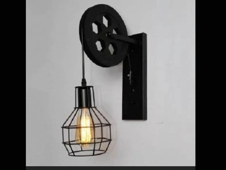 homeartparis - vintage Industrial Pulley Wall Sconce, Rustic Wood Farmhouse Cage Light, Choose Color, Cafe Bar Restaurant Lighting