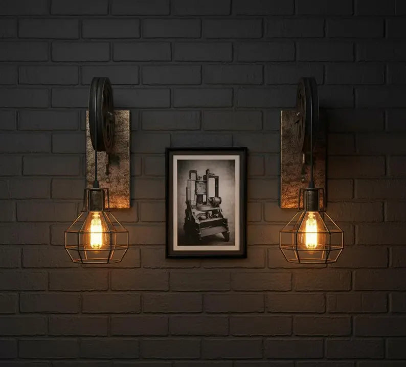 homeartparis - vintage Industrial Pulley Wall Sconce, Rustic Wood Farmhouse Cage Light, Choose Color, Cafe Bar Restaurant Lighting